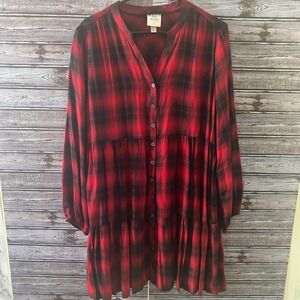 Knox Rose Women's Long-Sleeved Button-Down Dress Size L Red Black Plaid V-Neck